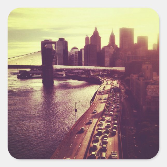 Skyline Sunset - Brooklyn Bridge and NYC Cityscape Square Sticker (Front)