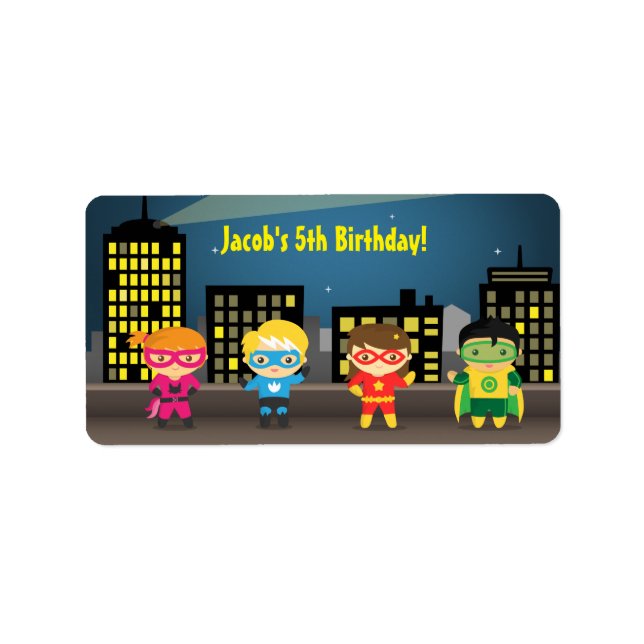Skyline Superhero Birthday Party For Kids Label (Front)
