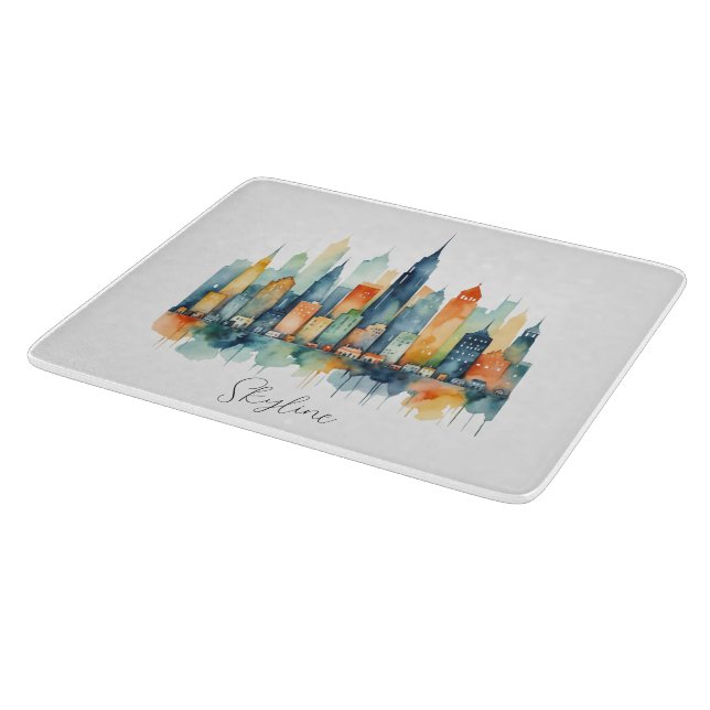 Skyline Urban Cityscape Watercolor City Kitchen Cutting Board (Corner)