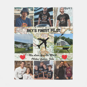 Sky's Finest Pilot, Aeroplane & Map, Photo Collage Fleece Blanket