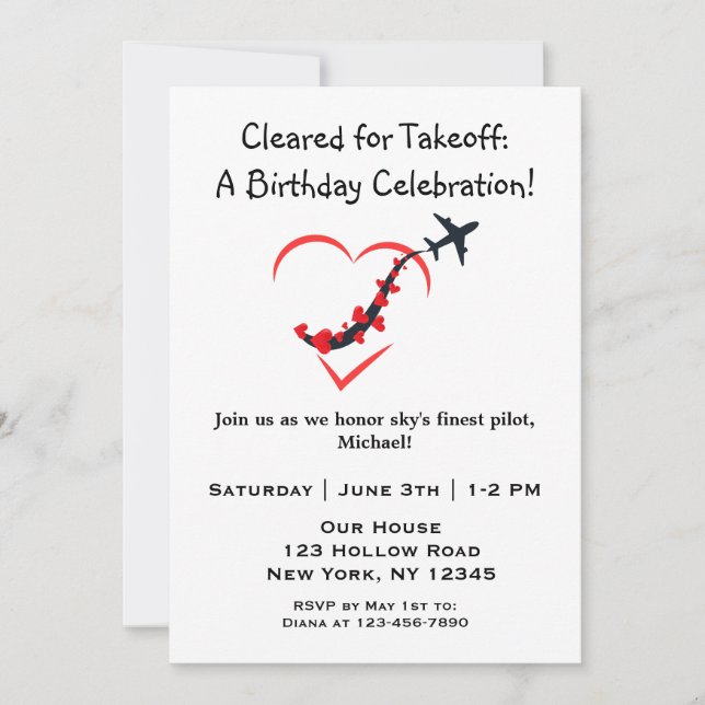 Sky's Finest Pilot,Heart Aeroplane,Birthday,Simple Invitation (Front)