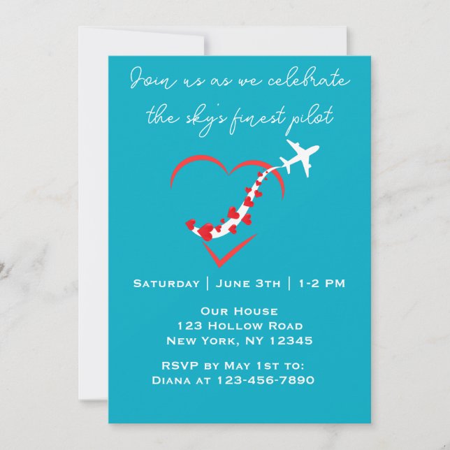 Sky's Finest Pilot,Heart Aeroplane,Birthday,Simple Invitation (Front)