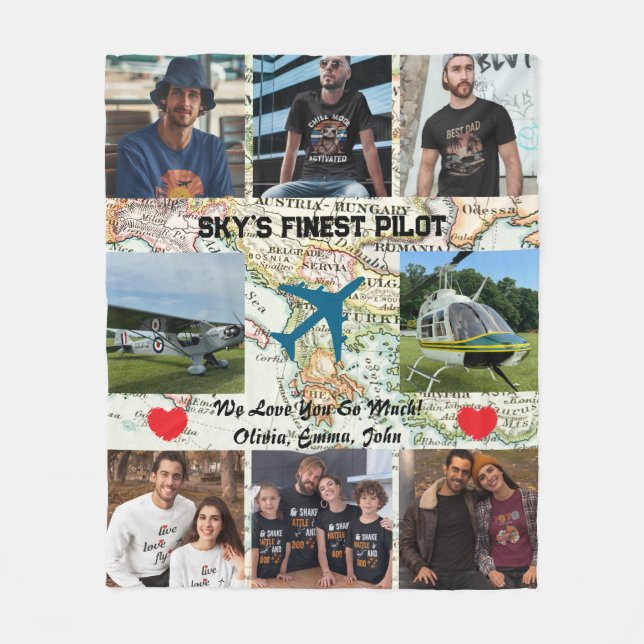 'Sky's Finest Pilot' Photo Collage,Aeroplane & Map Fleece Blanket (Front)