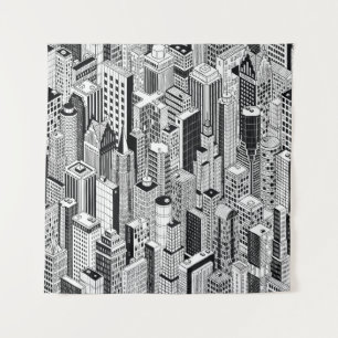 Skyscraper city illustration, isometric seamless p tapestry