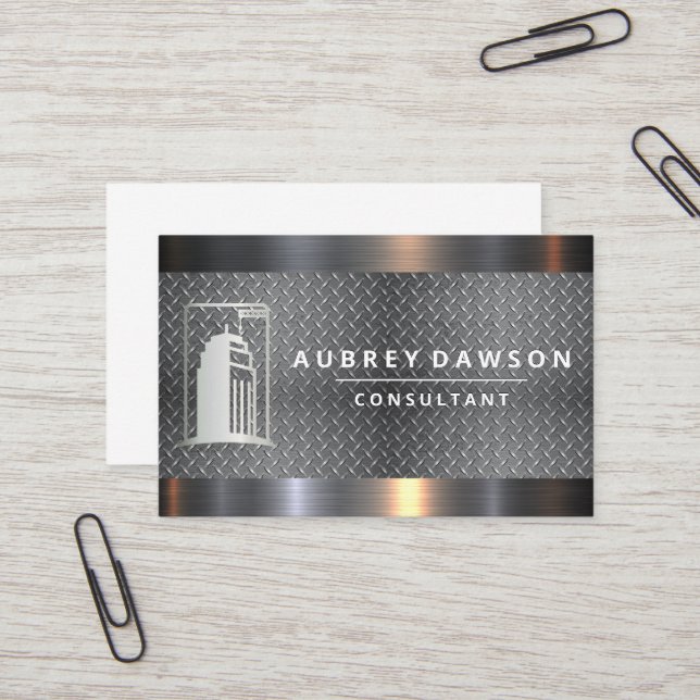 Skyscraper Diamond Plated Steel Metal Trim  Business Card (Front/Back In Situ)