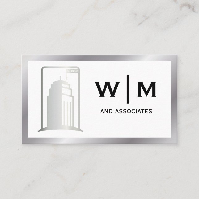 Skyscraper Logo | Metal Border | Monogram Business Card (Front)