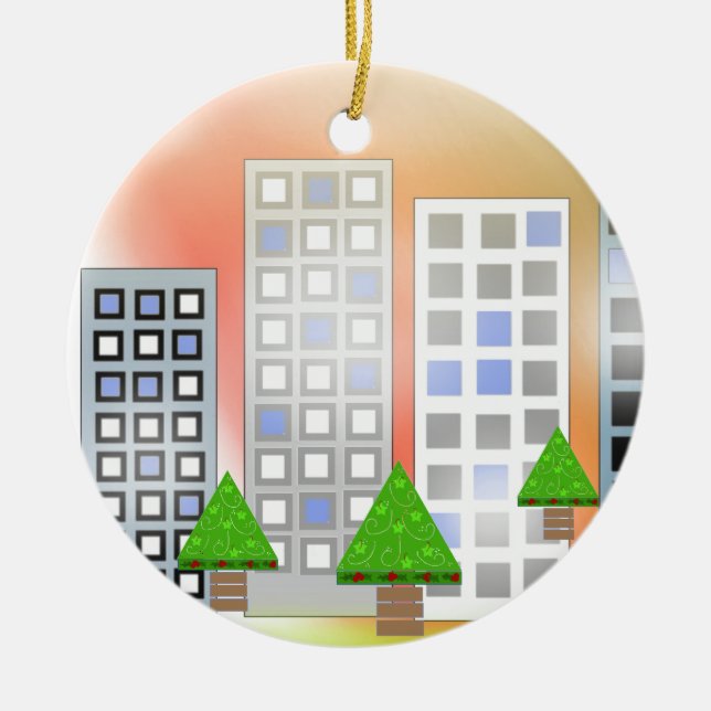 Skyscrapers with Christmas Trees Ceramic Tree Decoration (Front)