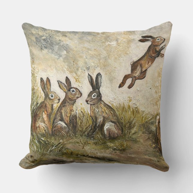 Skyward Fluff Meadow Hare Whimsical Rabbit Family  Cushion (Front)