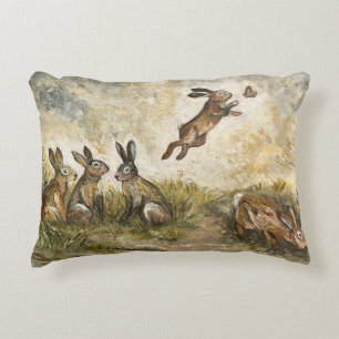 Skyward Fluff Meadow Hare Whimsical Rabbit Family Decorative Cushion