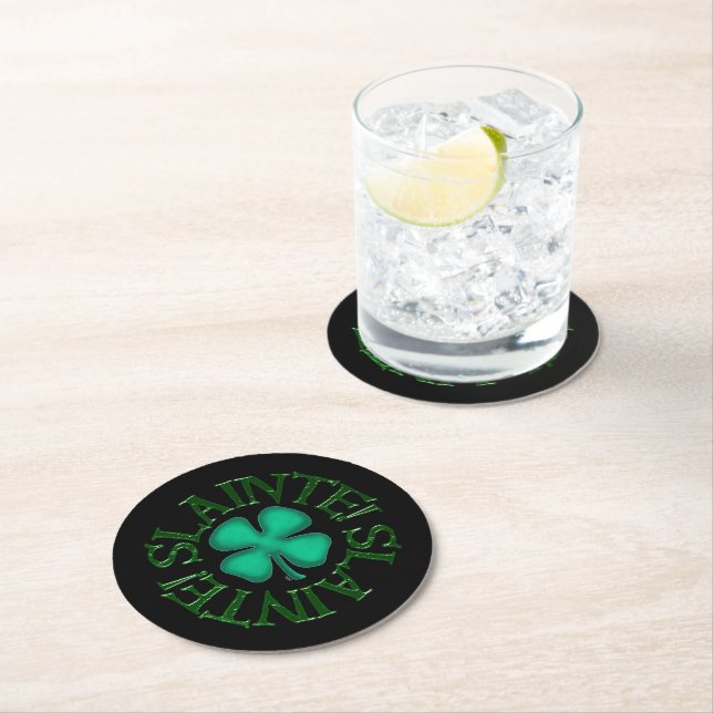 Slainte! black round paper drink coasters (Insitu)