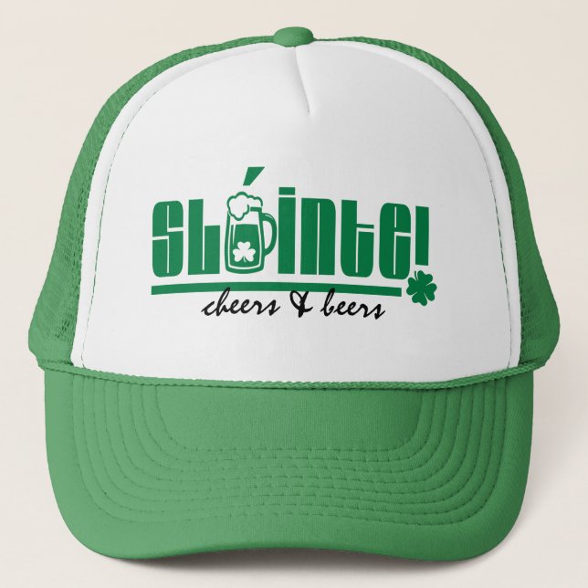 Sláinte. Cheers & Beers. St. Patrick's Day Trucker Hat (Front)