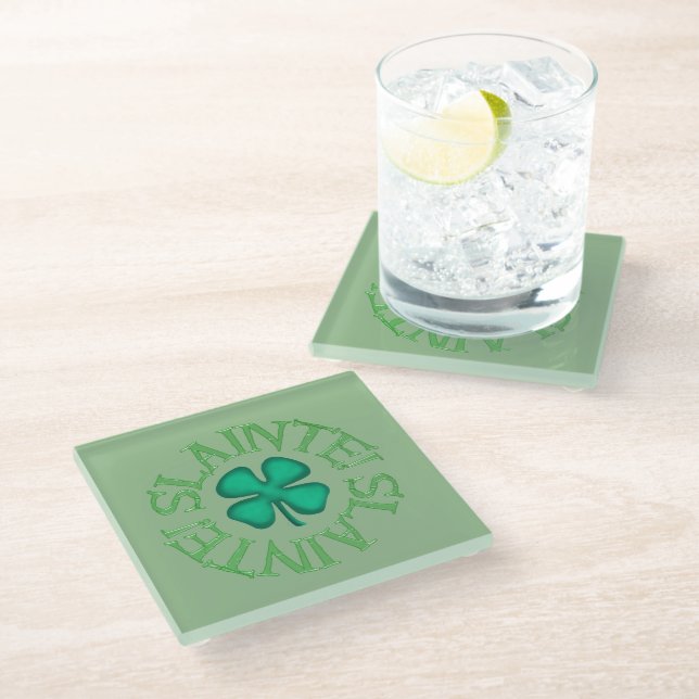Slainte green glass coaster (Angled)