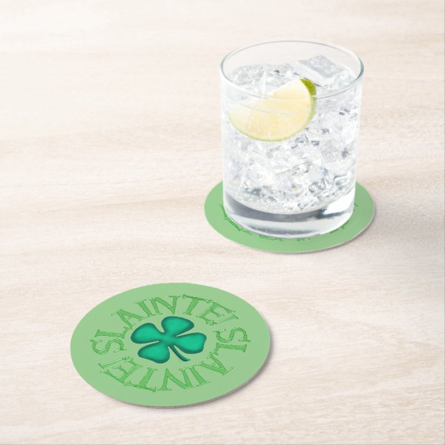 Slainte! green round paper drink coasters (Insitu)