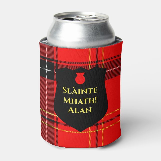 Slàinte Mhath Scottish Cheers Red Tartan Can Cooler (Can Front)