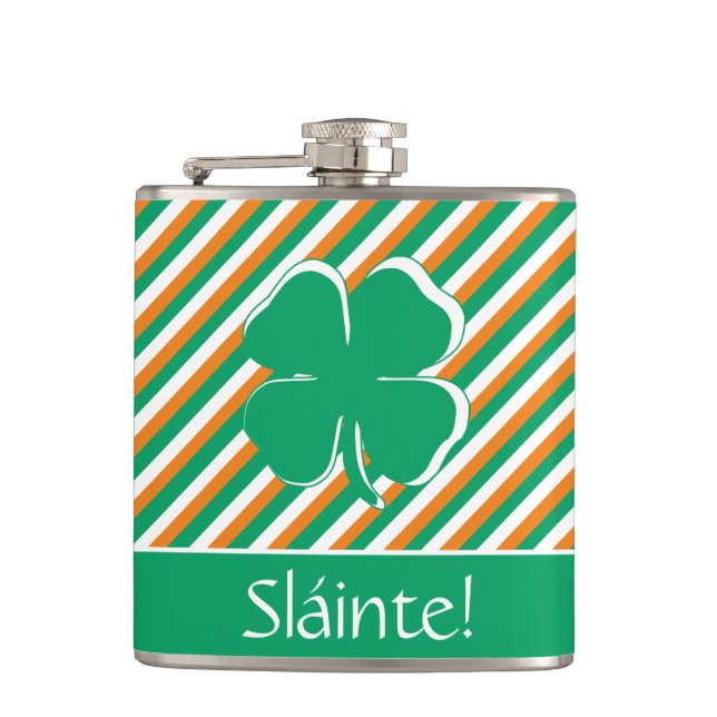 Sláinte Modern Green Orange Stripes Irish Shamrock Hip Flask (Front)