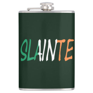Slainte overlaid on Irish Flag flacnt Hip Flask