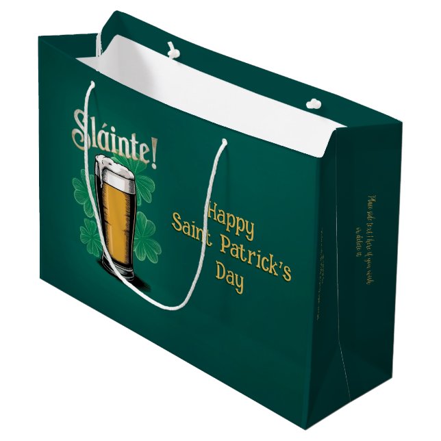 Slàinte! Saint Patrick's Day Pint of Beer on Green Large Gift Bag (Front Angled)