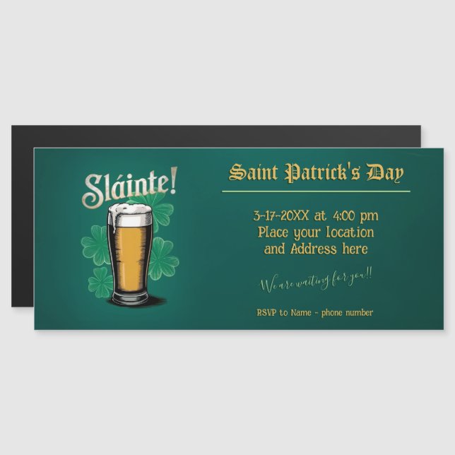 Slàinte! Saint Patrick's Day Pint of Beer on Green Magnetic Invitation (Front/Back)