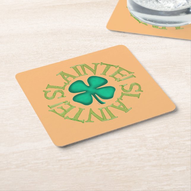 Slainte! tan paper drink coasters (Angled)