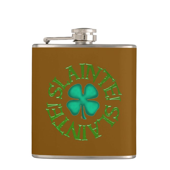 Slainte w clover brown wrapped flask (Front)