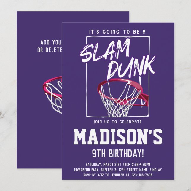 Slam Dunk Basketball Purple Birthday Party Any Age Invitation (Front/Back)