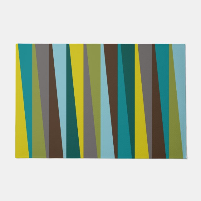 Slanted Stripes Bold Geometric in Green Blue Gold Doormat (Front)