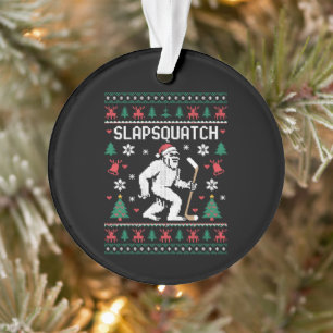 Slapsquatch Bigfoot Hockey Ugly Sweater Christmas Ornament