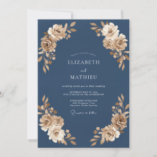 Slate Antique Champagne Leaf Wedding Invitation