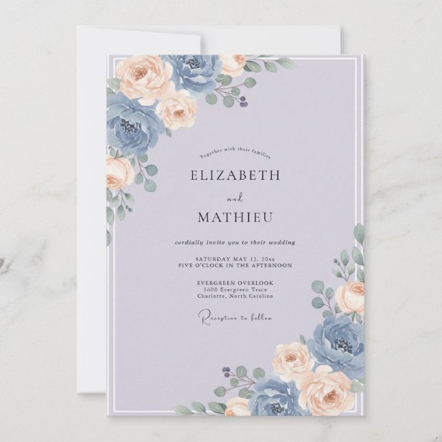 Slate Antique Champagne Peony Wedding Invitation (Front)