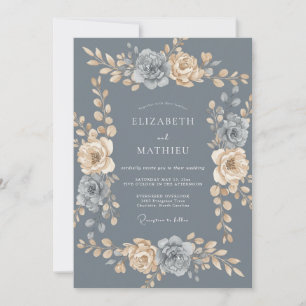 Slate Antique Champagne Wreath Wedding Invitation
