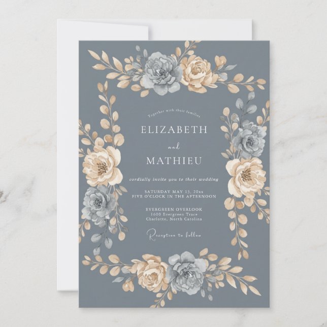 Slate Antique Champagne Wreath Wedding Invitation (Front)
