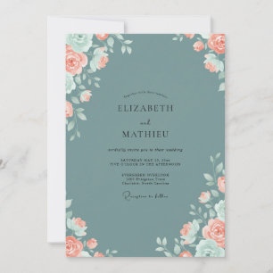 Slate Apricot Leafy Wedding Invitation