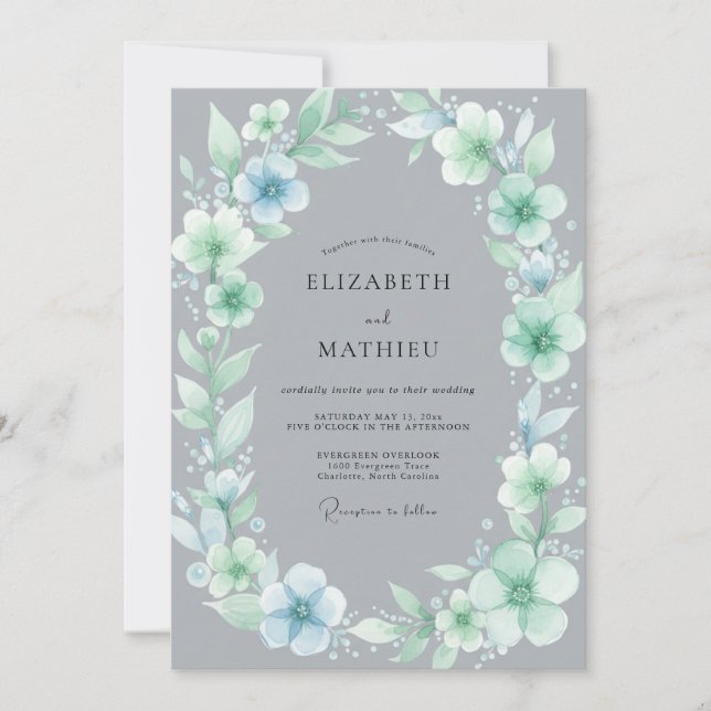 Slate Aqua Wreath Wedding Invitation (Front)