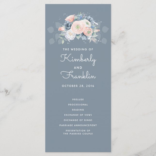 Slate Blue and Dusty Rose Floral Wedding Programs Programme (Front)