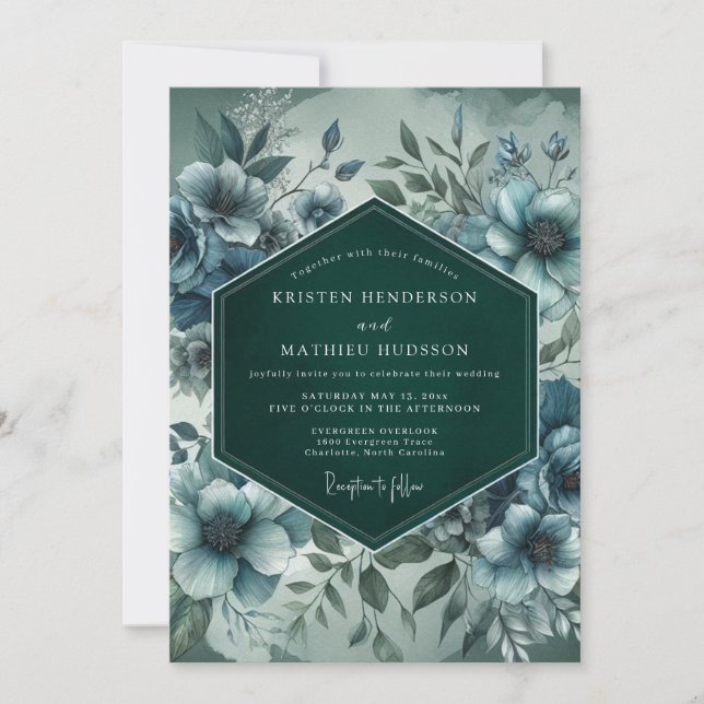 Slate Blue Artistic Bloom Wedding Invitation (Front)