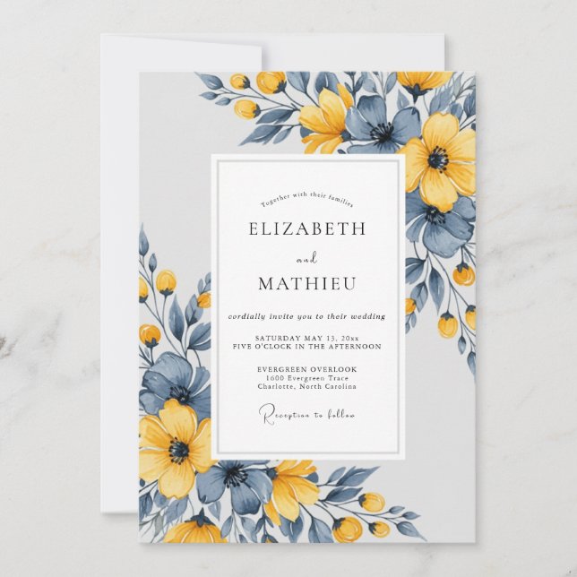 Slate Blue Artistic Botanical Wedding Invitation (Front)