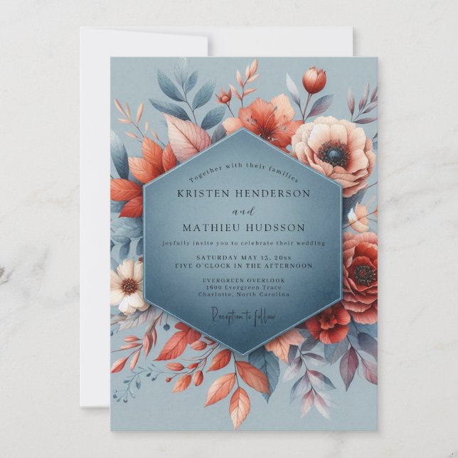 Slate Blue Autumnal Bloom Wedding Invitation (Front)