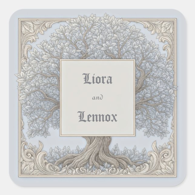 Slate Blue Baroque Gnarled Tree Frame Wedding Square Sticker (Front)