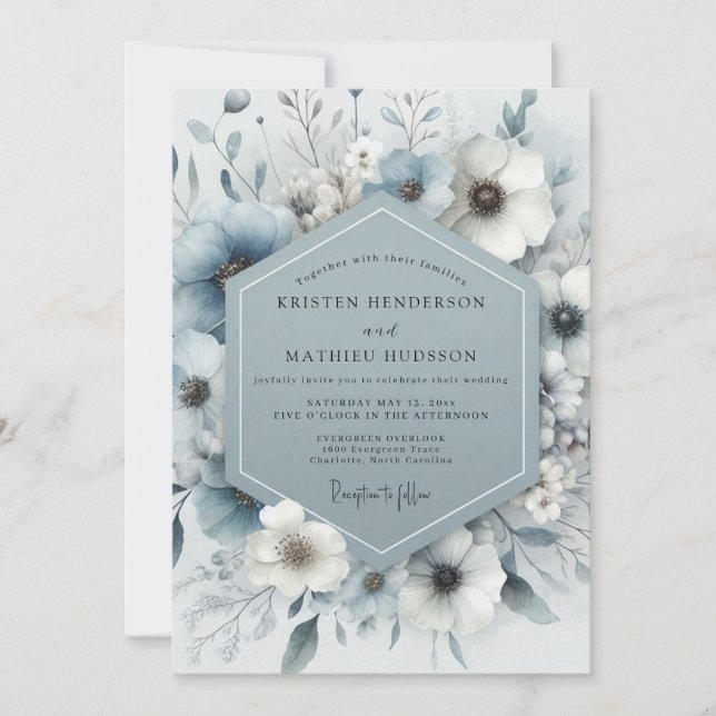 Slate Blue Bloom Frost Wedding Invitation (Front)