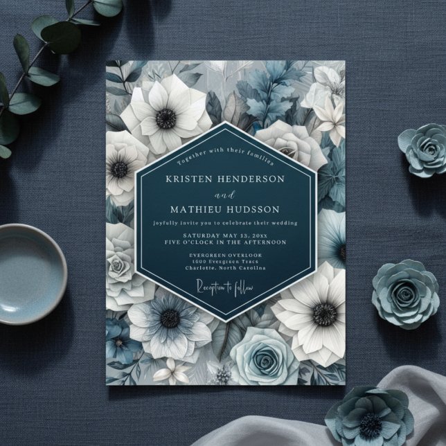 Slate Blue Bloom Nocturne Wedding Invitation (Creator Uploaded)