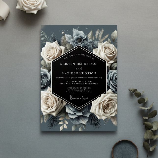 Slate Blue Bloom Opulent Wedding Invitation (Creator Uploaded)