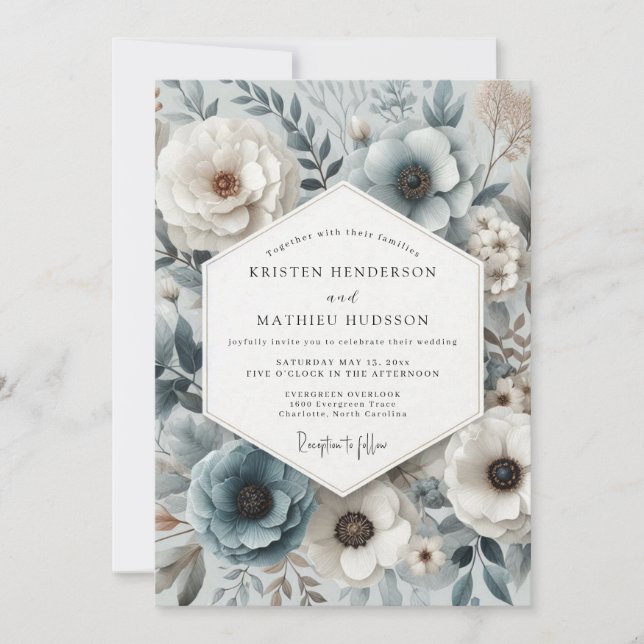Slate Blue Botanical Bloom Wedding Invitation (Front)
