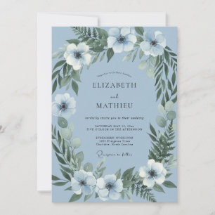 Slate Blue Botanical Watercolor Wedding Invitation