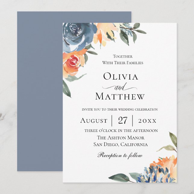 Slate Blue Botanical Wedding Invitation (Front/Back)