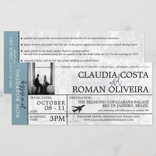 Slate Blue Brazil Wedding Boarding Pass Invitation (Front/Back)