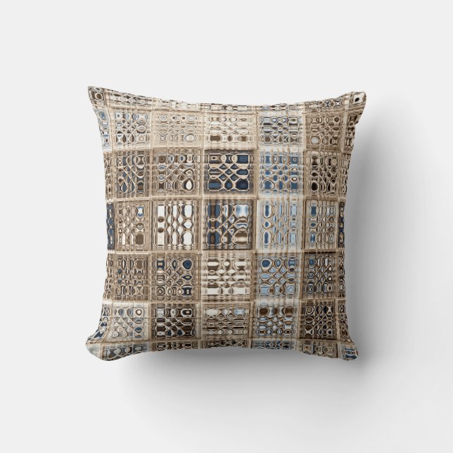 Slate Blue Brown Sari Mosaic Pattern Art Cushion (Front)