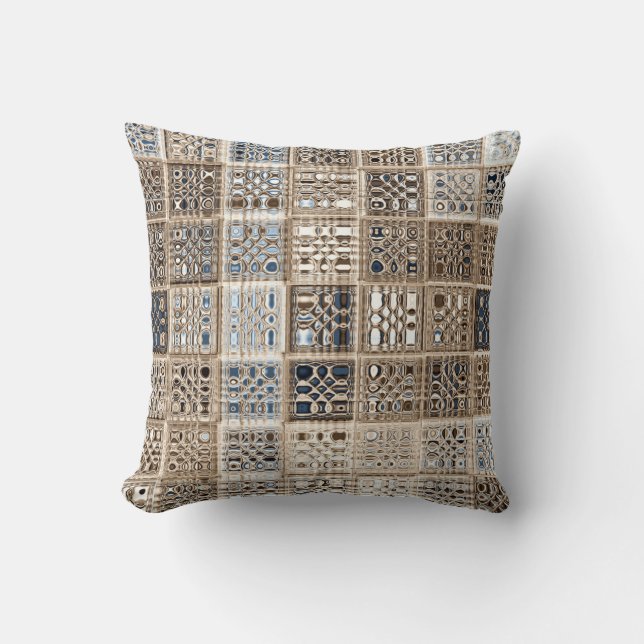 Slate Blue Brown Sari Mosaic Pattern Art Cushion (Front)
