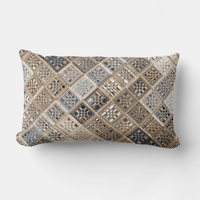 Slate Blue Brown Sari Mosaic Pattern Art Lumbar Cushion (Front)