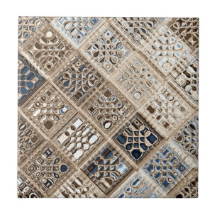 Slate Blue Brown Sari Mosaic Pattern Art Tile
