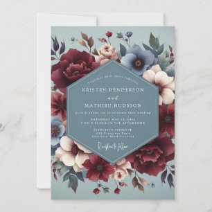 Slate Blue Burgundy Bloom Wedding Invitation